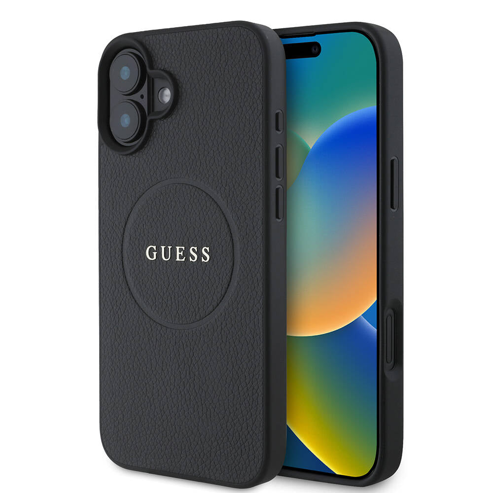 Guess Orijinal Lisanslı iPhone 16 Plus MagSafe Uyumlu Kılıf – Yazı Logolu, Grained Kapak Siyah