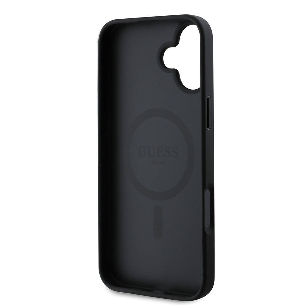 Guess Orijinal Lisanslı iPhone 16 Plus MagSafe Uyumlu Kılıf – Yazı Logolu, Grained Kapak Siyah