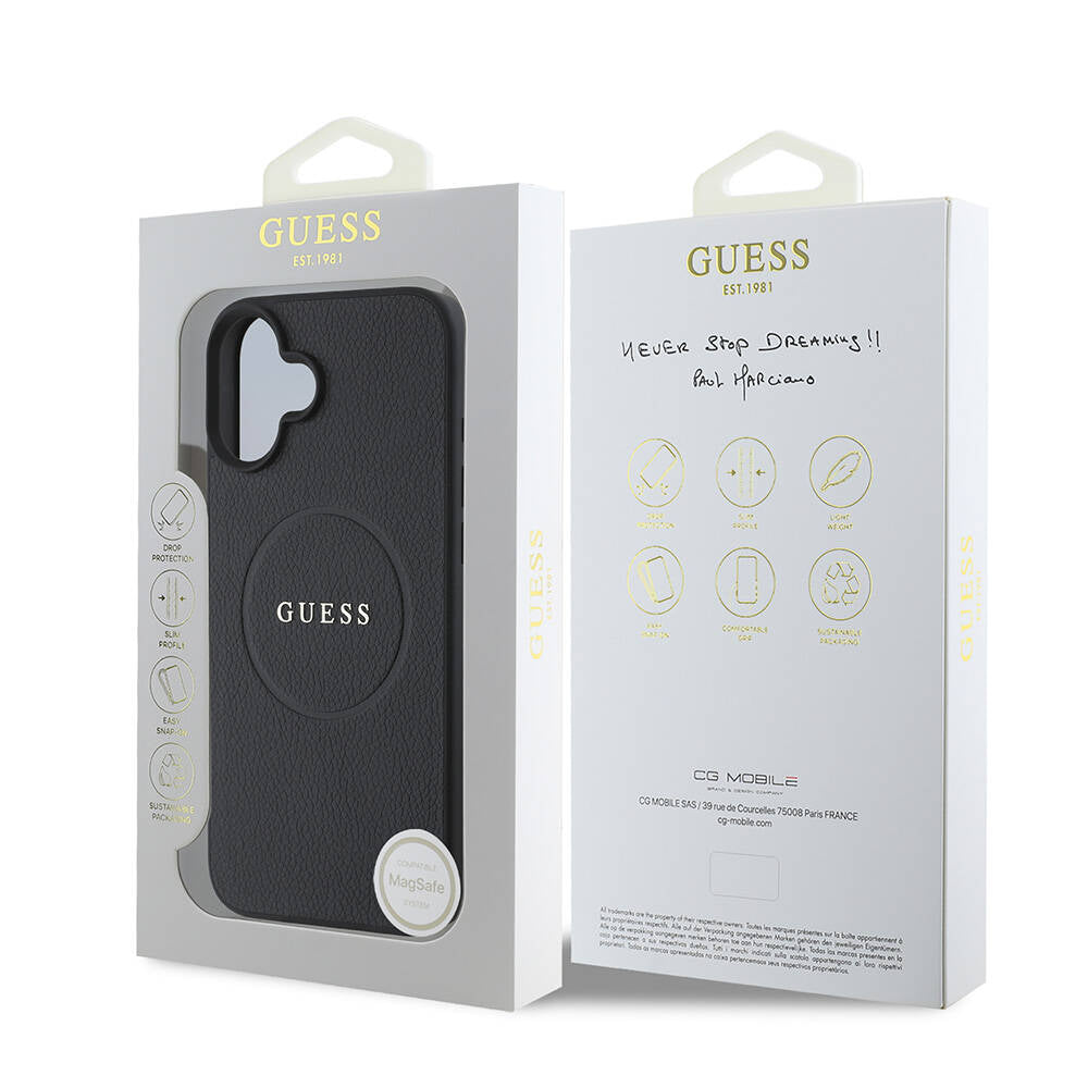 Guess Orijinal Lisanslı iPhone 16 Plus MagSafe Uyumlu Kılıf – Yazı Logolu, Grained Kapak Siyah
