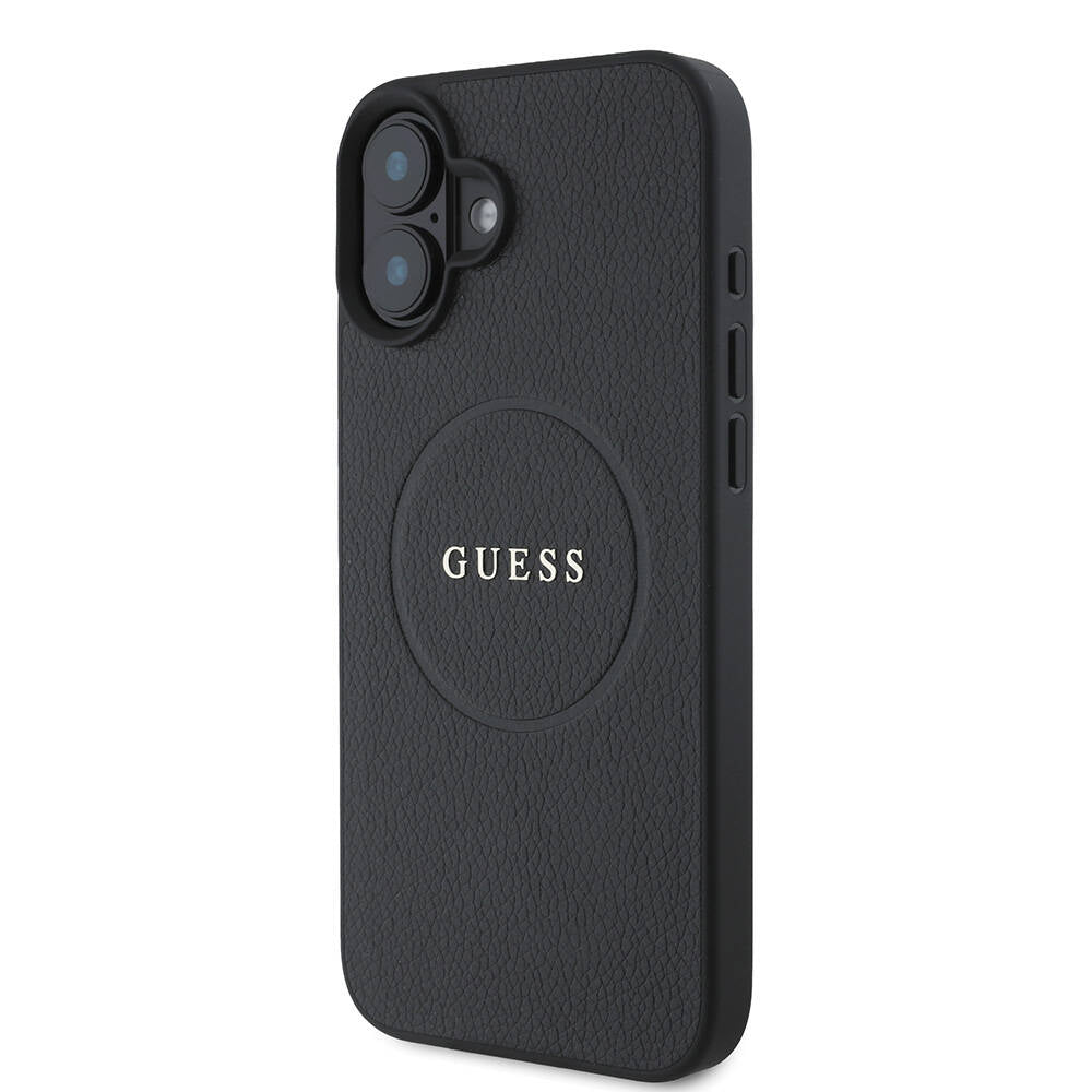 Guess Orijinal Lisanslı iPhone 16 Plus MagSafe Uyumlu Kılıf – Yazı Logolu, Grained Kapak Siyah