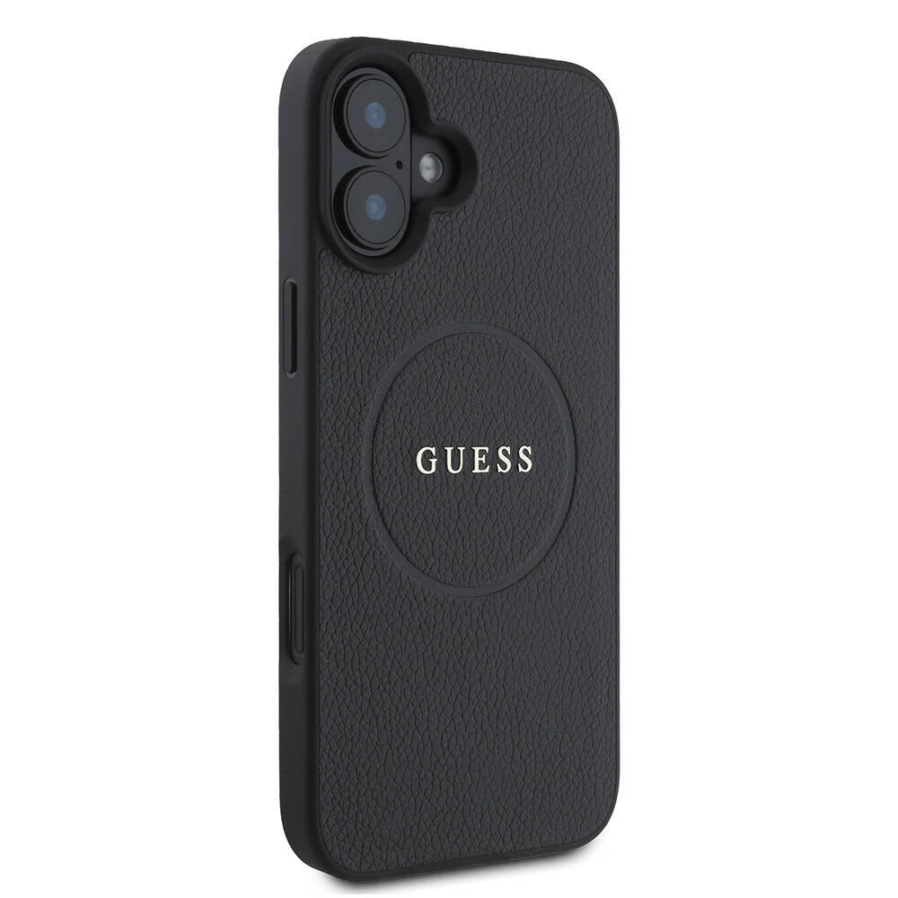 Guess Orijinal Lisanslı iPhone 16 Plus MagSafe Uyumlu Kılıf – Yazı Logolu, Grained Kapak Siyah