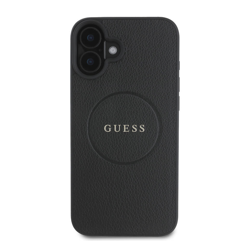 Guess Orijinal Lisanslı iPhone 16 Plus MagSafe Uyumlu Kılıf – Yazı Logolu, Grained Kapak Siyah