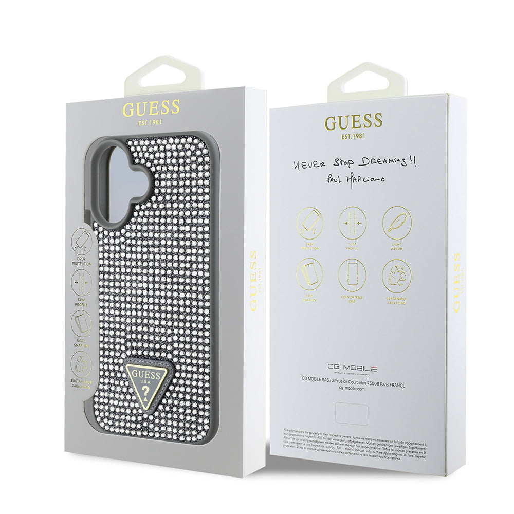 Guess Orijinal Lisanslı iPhone 16 Plus MagSafe Uyumlu Kılıf – Taşlı Arka Yüzey, Üçgen Logolu Kapak Gümüş
