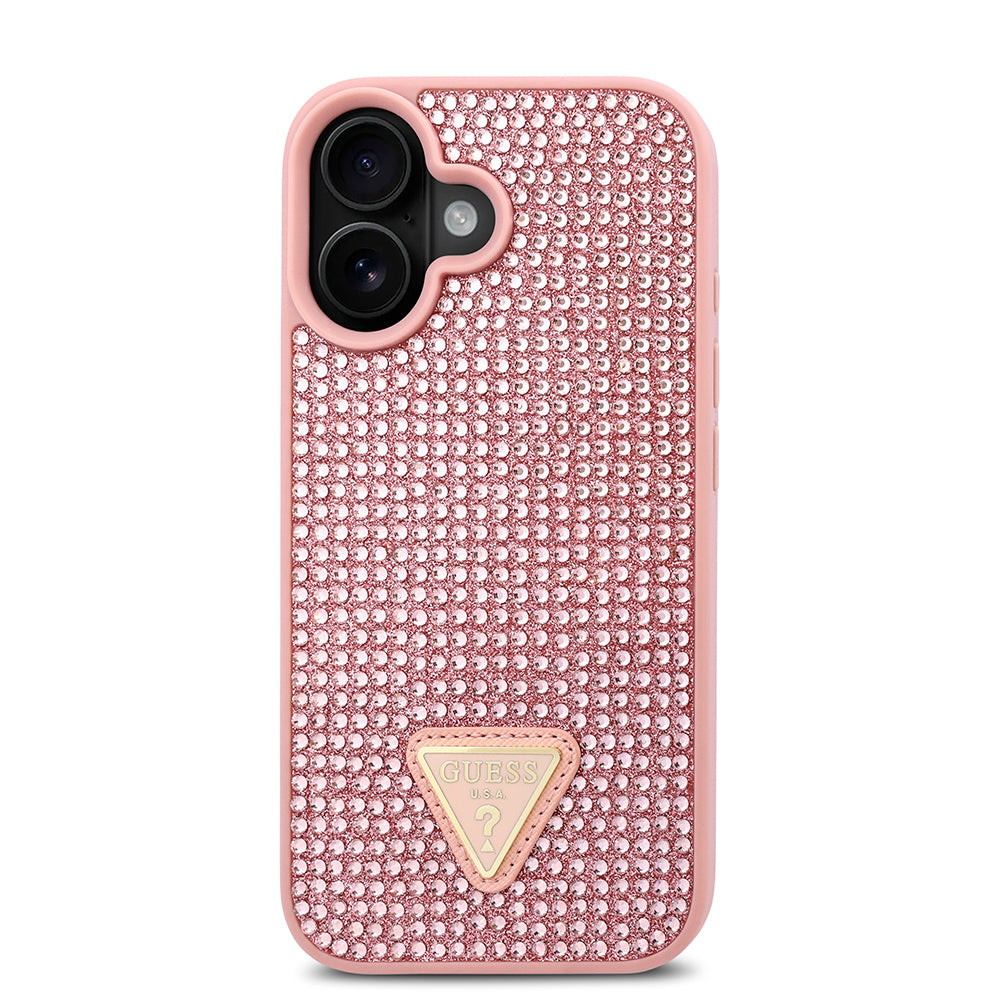 Guess Orijinal Lisanslı iPhone 16 Plus MagSafe Uyumlu Kılıf – Taşlı Arka Yüzey, Üçgen Logolu Kapak Pembe