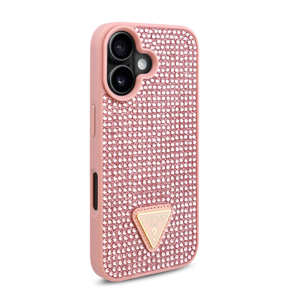 Guess Orijinal Lisanslı iPhone 16 Plus MagSafe Uyumlu Kılıf – Taşlı Arka Yüzey, Üçgen Logolu Kapak Pembe