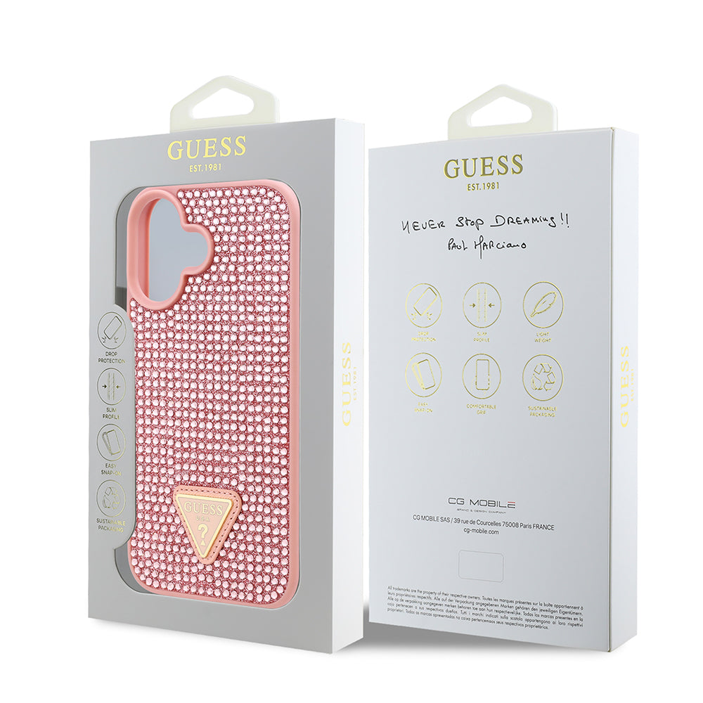 Guess Orijinal Lisanslı iPhone 16 Plus MagSafe Uyumlu Kılıf – Taşlı Arka Yüzey, Üçgen Logolu Kapak Pembe