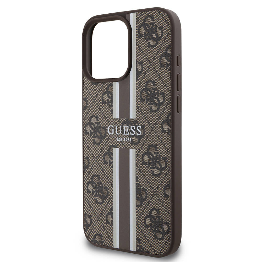 Guess Orijinal Lisanslı iPhone 16 Pro MagSafe Uyumlu Kılıf – 4G Şerit Tasarımlı, Printed Kapak Kahverengi