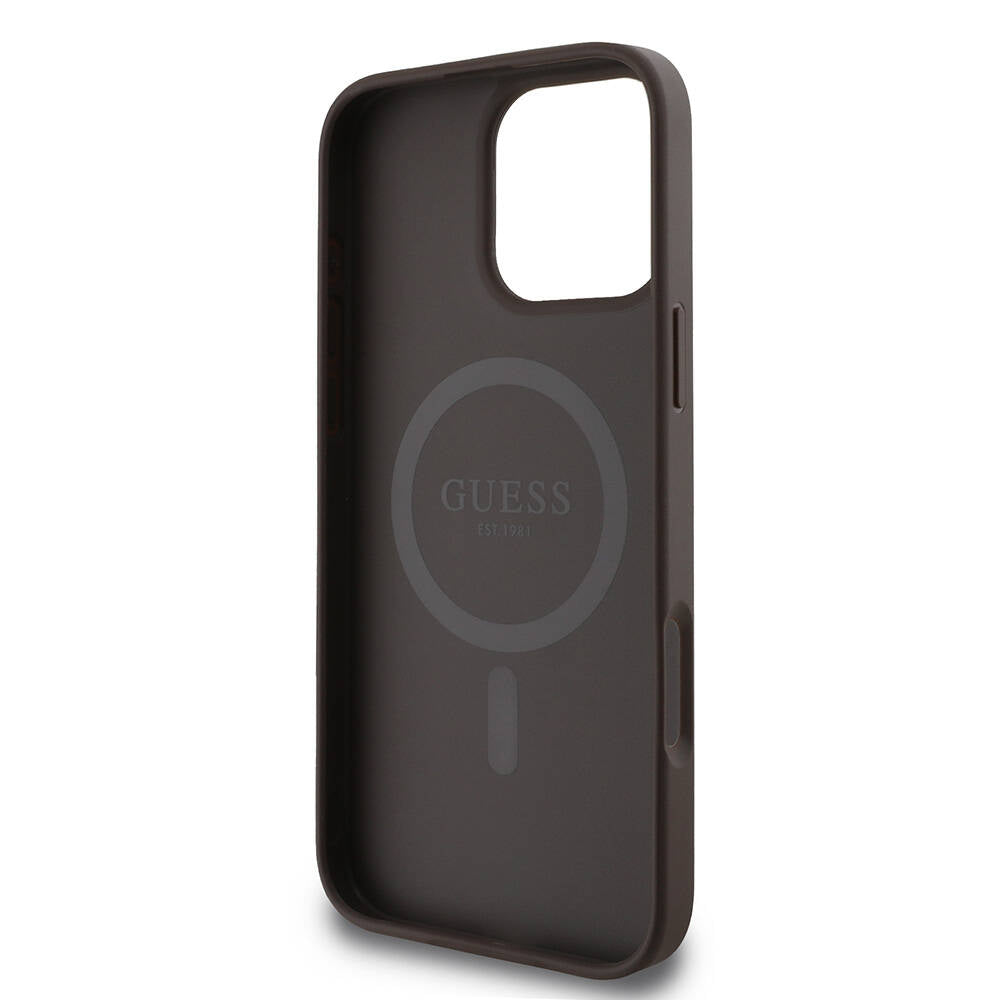 Guess Orijinal Lisanslı iPhone 16 Pro MagSafe Uyumlu Kılıf – 4G Şerit Tasarımlı, Printed Kapak Kahverengi