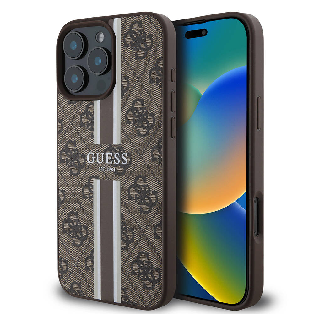 Guess Orijinal Lisanslı iPhone 16 Pro MagSafe Uyumlu Kılıf – 4G Şerit Tasarımlı, Printed Kapak Kahverengi