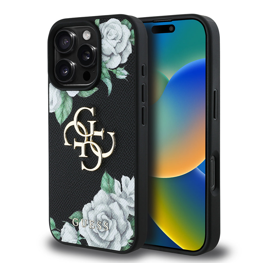 Guess Orijinal Lisanslı iPhone 16 Pro Max Uyumlu Kılıf – Gül Baskılı, Büyük 4G Metal Logolu Siyah