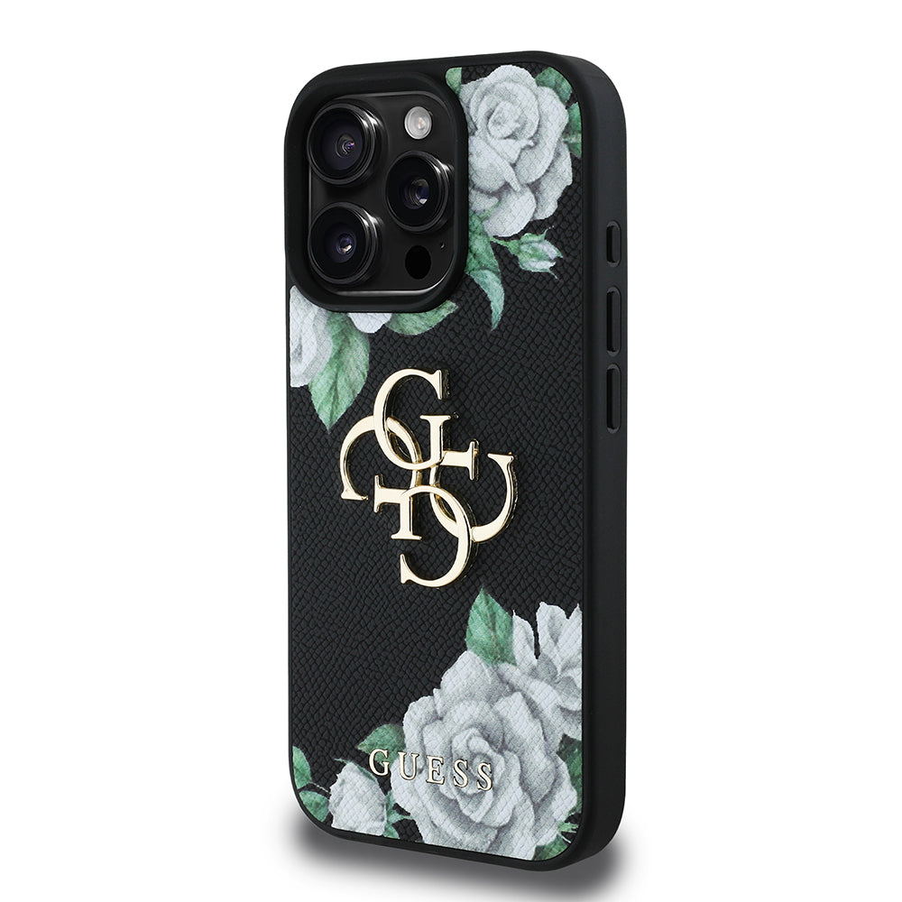 Guess Orijinal Lisanslı iPhone 16 Pro Max Uyumlu Kılıf – Gül Baskılı, Büyük 4G Metal Logolu Siyah