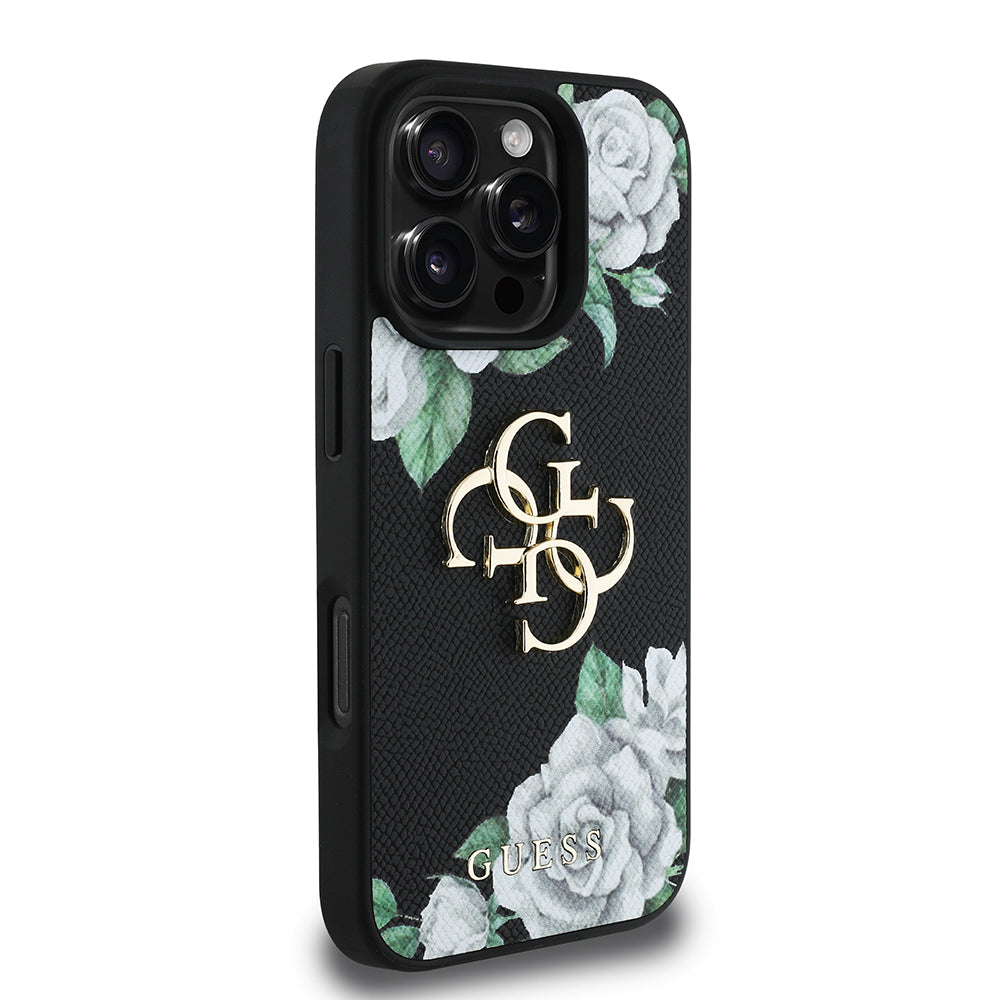 Guess Orijinal Lisanslı iPhone 16 Pro Max Uyumlu Kılıf – Gül Baskılı, Büyük 4G Metal Logolu Siyah