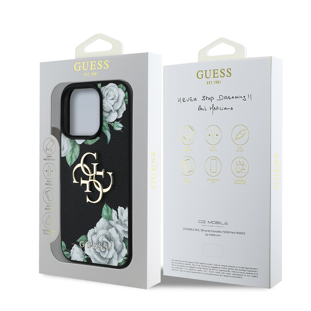 Guess Orijinal Lisanslı iPhone 16 Pro Max Uyumlu Kılıf – Gül Baskılı, Büyük 4G Metal Logolu Siyah