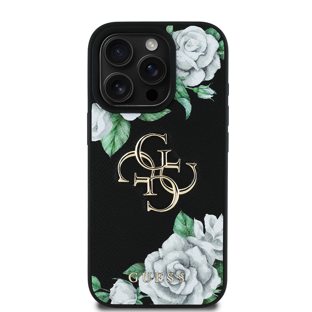 Guess Orijinal Lisanslı iPhone 16 Pro Max Uyumlu Kılıf – Gül Baskılı, Büyük 4G Metal Logolu Siyah