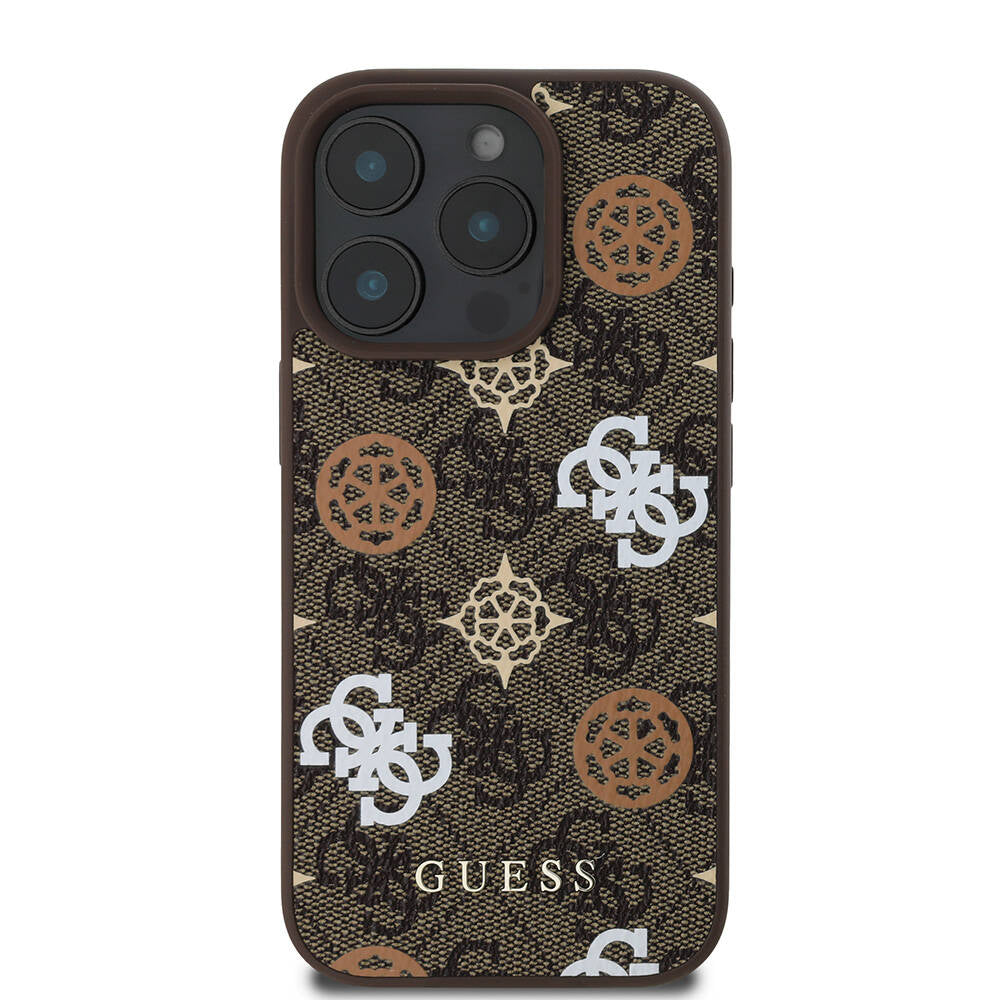 Guess Orijinal Lisanslı iPhone 16 Pro MagSafe Uyumlu Kılıf – 4G Desenli, Yazı Logolu, Peony Tasarım Kahverengi