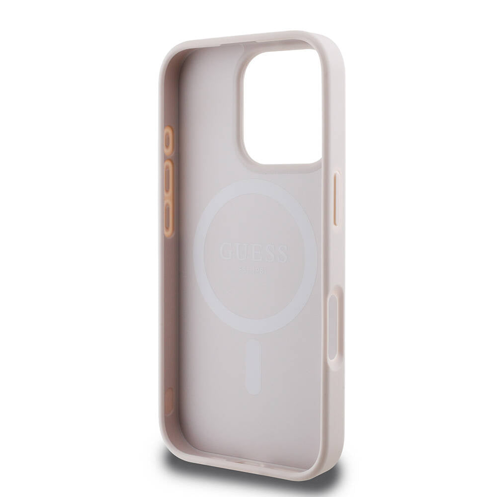 Guess Orijinal Lisanslı iPhone 16 Pro MagSafe Uyumlu Kılıf – 4G Desenli, Yazı Logolu, Peony Tasarım Pembe