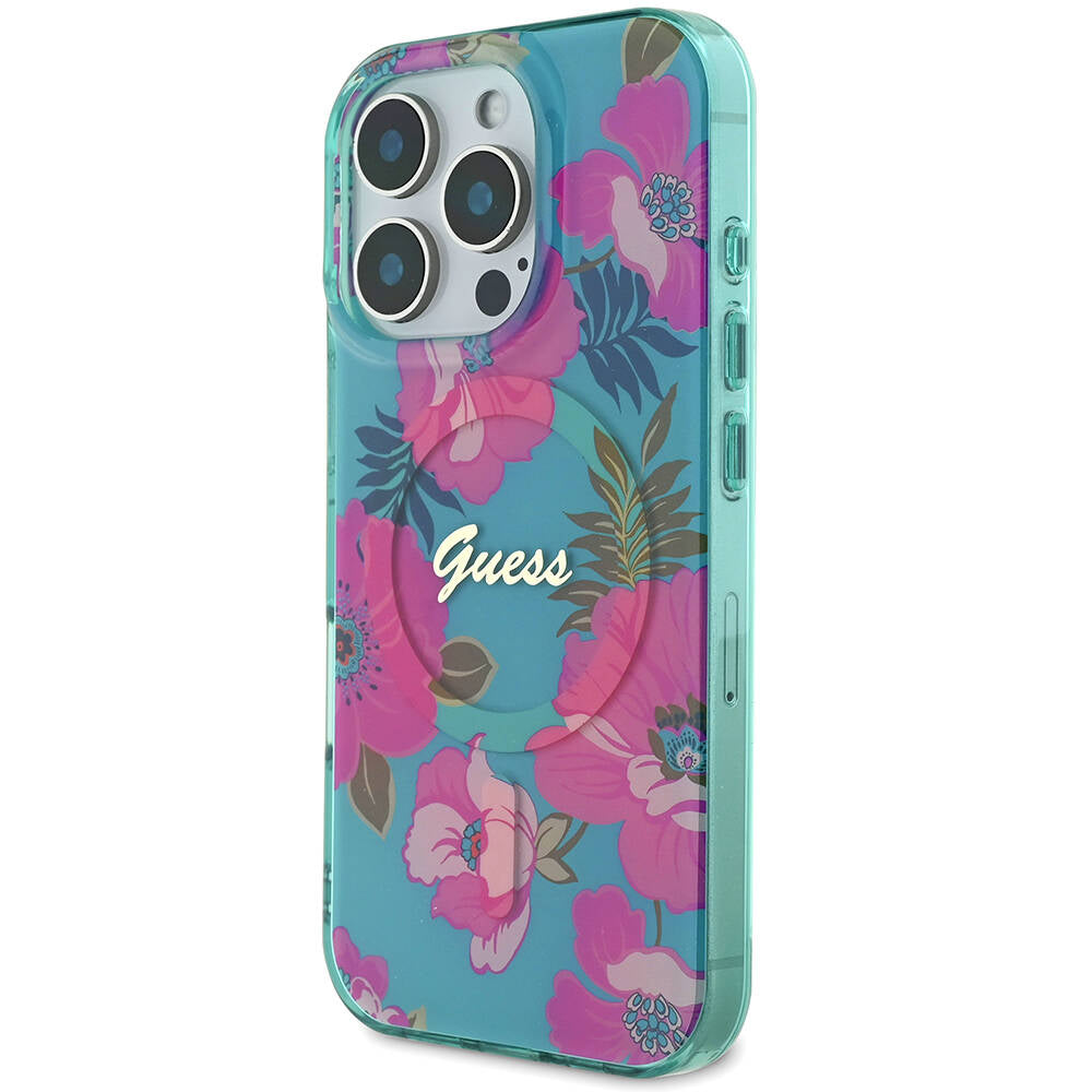 Guess Orijinal Lisanslı iPhone 16 Pro Max MagSafe Uyumlu Kılıf – Flower Tone on Tone, Ring Tasarım Pembe-Yeşil