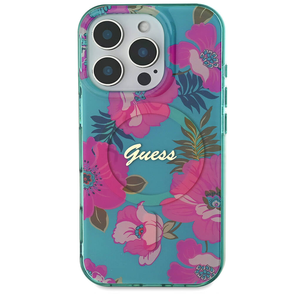 Guess Orijinal Lisanslı iPhone 16 Pro Max MagSafe Uyumlu Kılıf – Flower Tone on Tone, Ring Tasarım Pembe-Yeşil