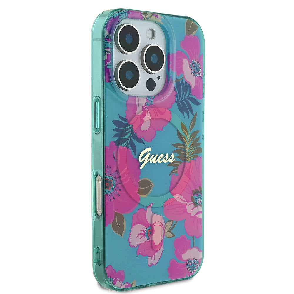 Guess Orijinal Lisanslı iPhone 16 Pro Max MagSafe Uyumlu Kılıf – Flower Tone on Tone, Ring Tasarım Pembe-Yeşil