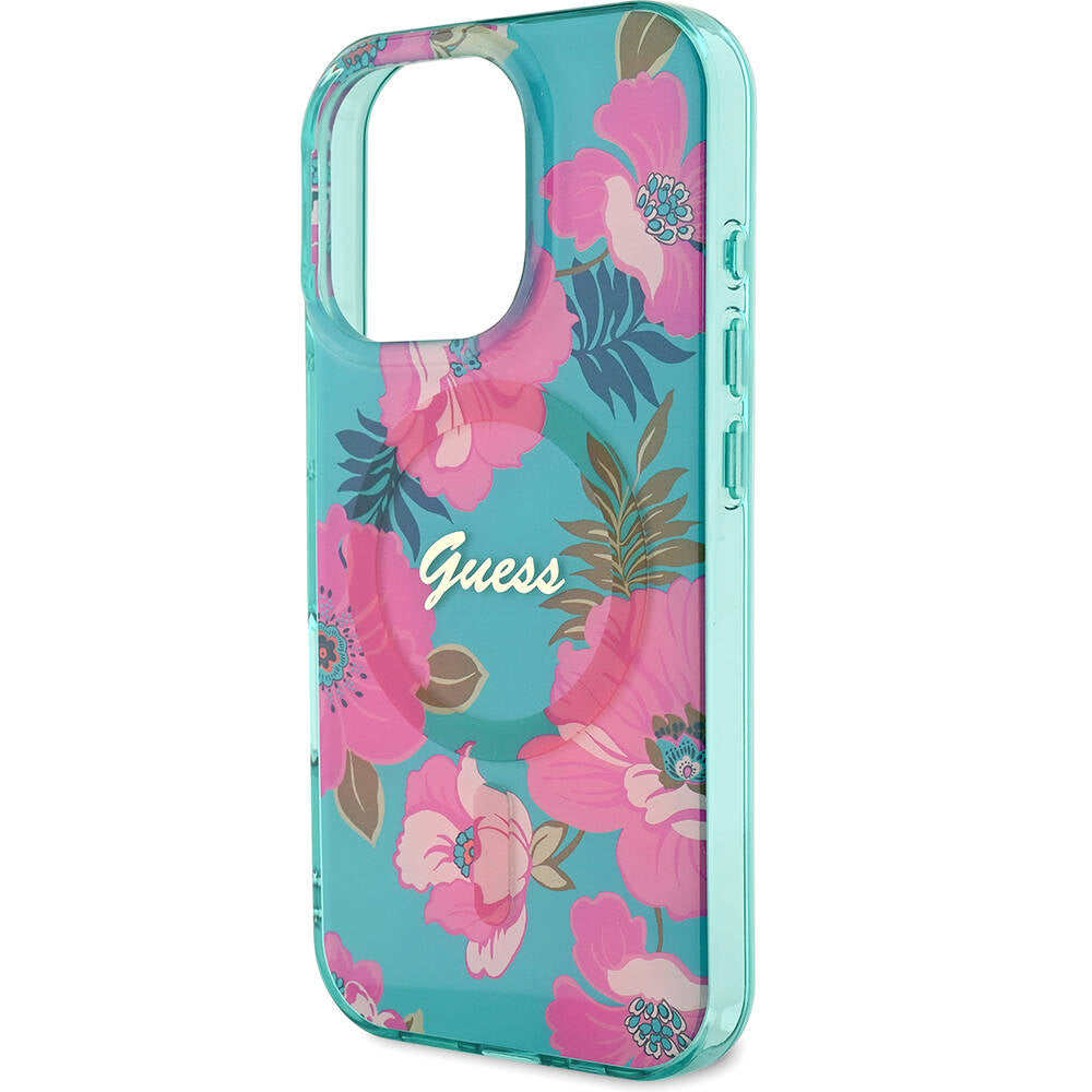 Guess Orijinal Lisanslı iPhone 16 Pro Max MagSafe Uyumlu Kılıf – Flower Tone on Tone, Ring Tasarım Pembe-Yeşil