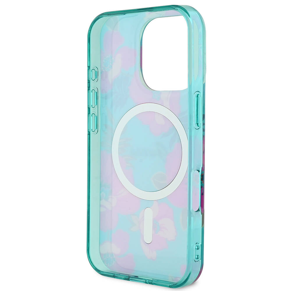 Guess Orijinal Lisanslı iPhone 16 Pro Max MagSafe Uyumlu Kılıf – Flower Tone on Tone, Ring Tasarım Pembe-Yeşil
