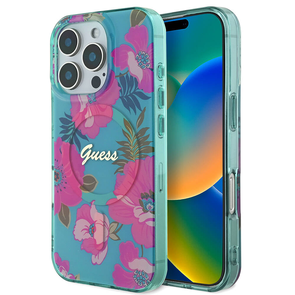 Guess Orijinal Lisanslı iPhone 16 Pro Max MagSafe Uyumlu Kılıf – Flower Tone on Tone, Ring Tasarım Pembe-Yeşil