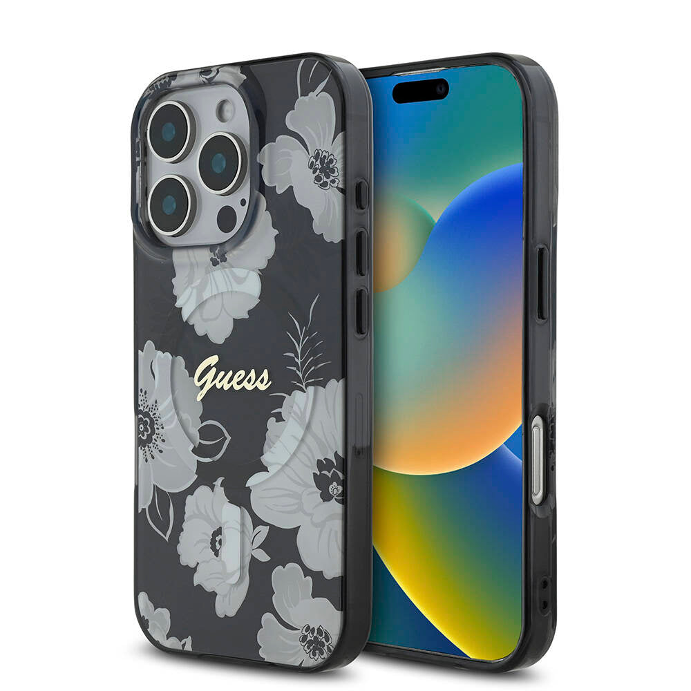 Guess Orijinal Lisanslı iPhone 16 Pro Max MagSafe Uyumlu Kılıf – Flower Tone on Tone, Ring Tasarım Siyah