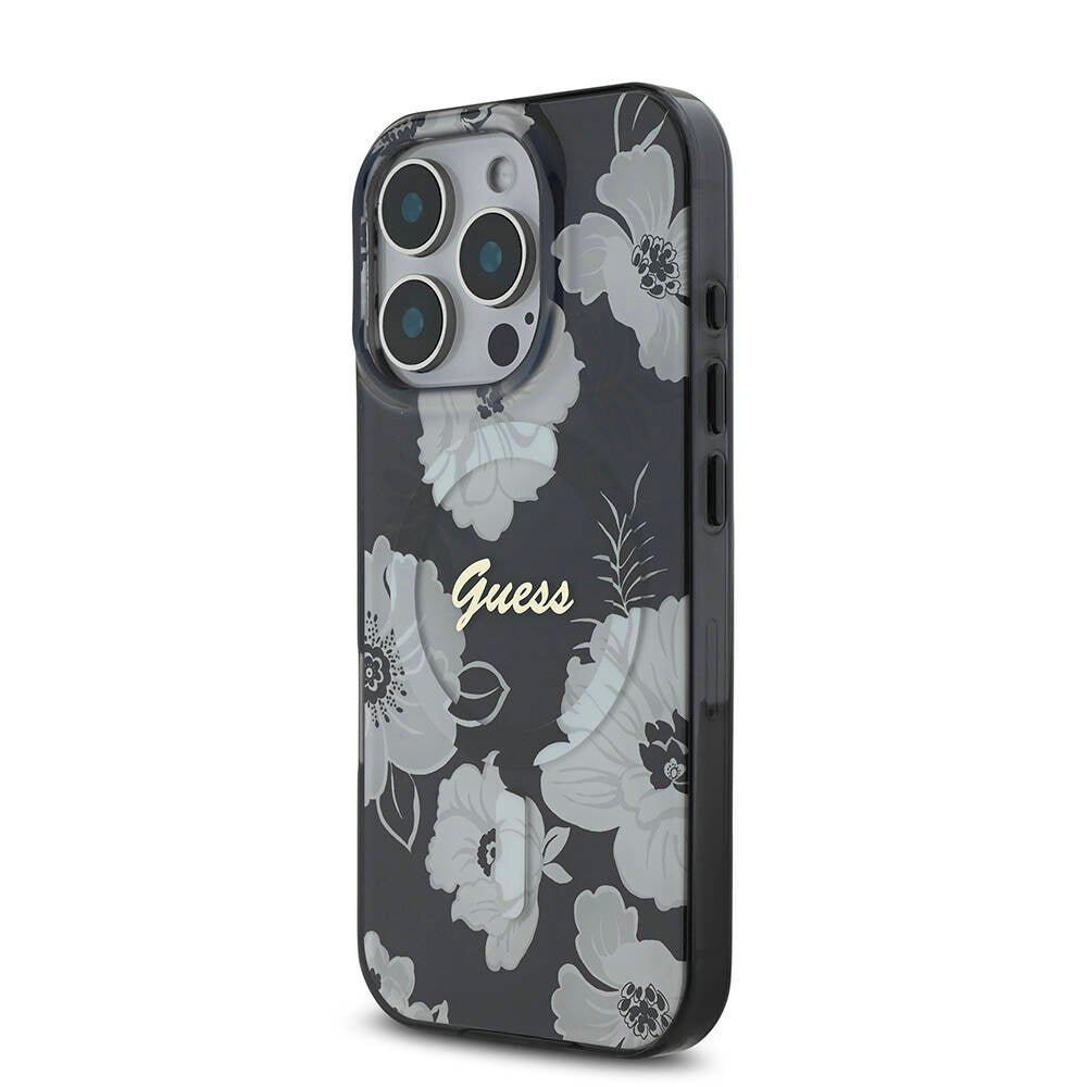 Guess Orijinal Lisanslı iPhone 16 Pro Max MagSafe Uyumlu Kılıf – Flower Tone on Tone, Ring Tasarım Siyah