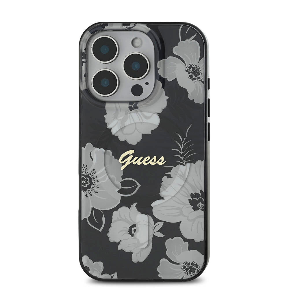 Guess Orijinal Lisanslı iPhone 16 Pro Max MagSafe Uyumlu Kılıf – Flower Tone on Tone, Ring Tasarım Siyah