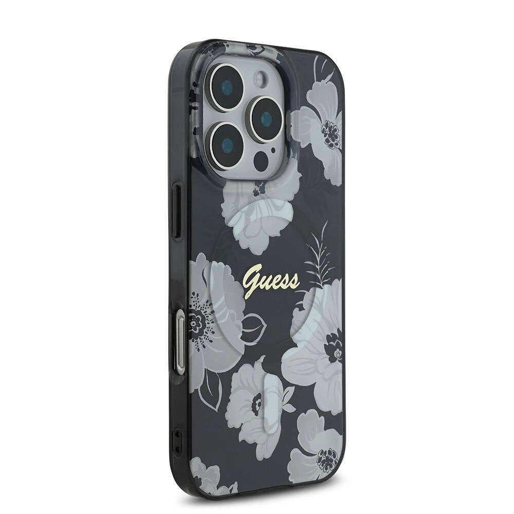 Guess Orijinal Lisanslı iPhone 16 Pro Max MagSafe Uyumlu Kılıf – Flower Tone on Tone, Ring Tasarım Siyah