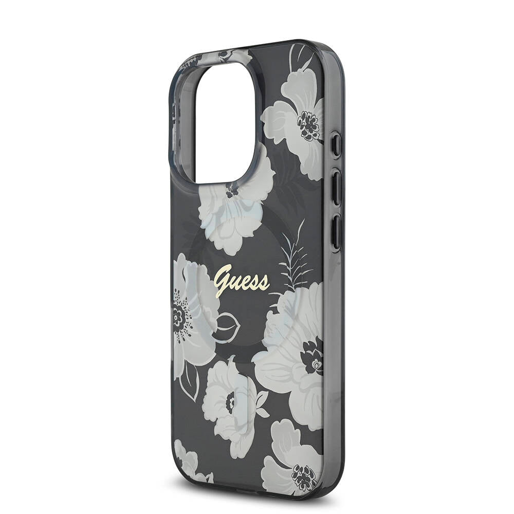 Guess Orijinal Lisanslı iPhone 16 Pro Max MagSafe Uyumlu Kılıf – Flower Tone on Tone, Ring Tasarım Siyah