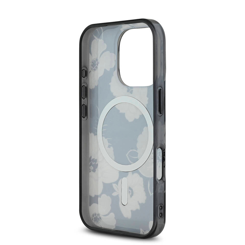 Guess Orijinal Lisanslı iPhone 16 Pro Max MagSafe Uyumlu Kılıf – Flower Tone on Tone, Ring Tasarım Siyah