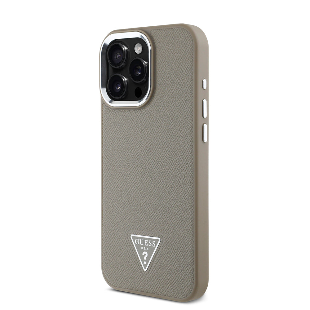 Guess Orijinal Lisanslı iPhone 16 Pro MagSafe Uyumlu Kılıf – Grained Triangle Tasarım Bej