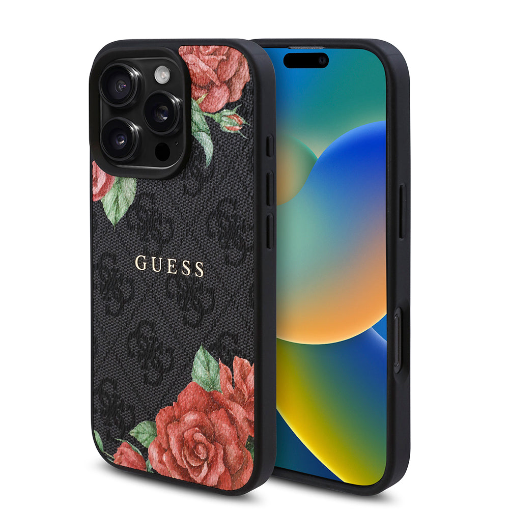 Guess Orijinal Lisanslı iPhone 16 Pro Max MagSafe Uyumlu Kılıf – Gül Baskılı, 4G Desenli, Yazı Logolu Siyah