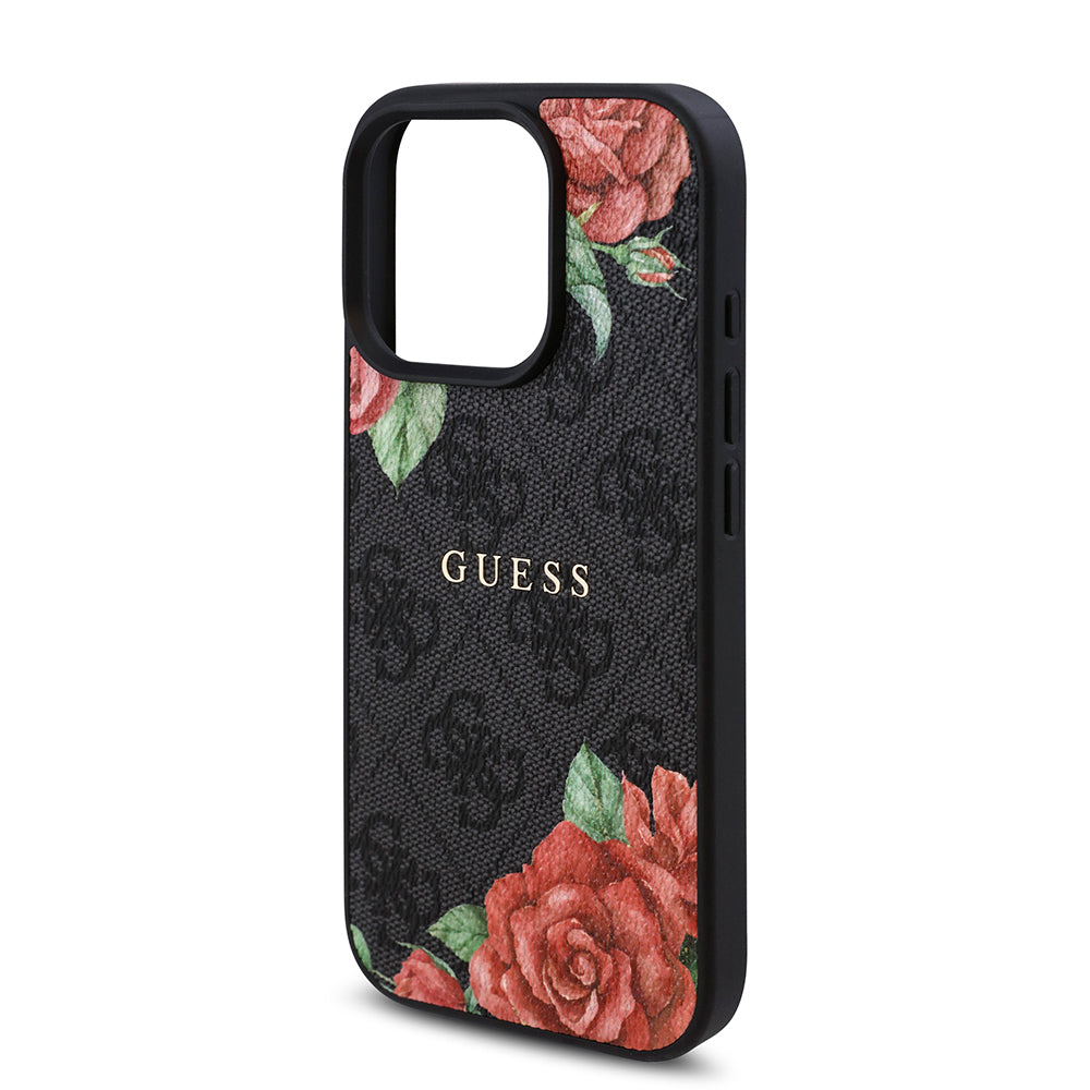Guess Orijinal Lisanslı iPhone 16 Pro Max MagSafe Uyumlu Kılıf – Gül Baskılı, 4G Desenli, Yazı Logolu Siyah