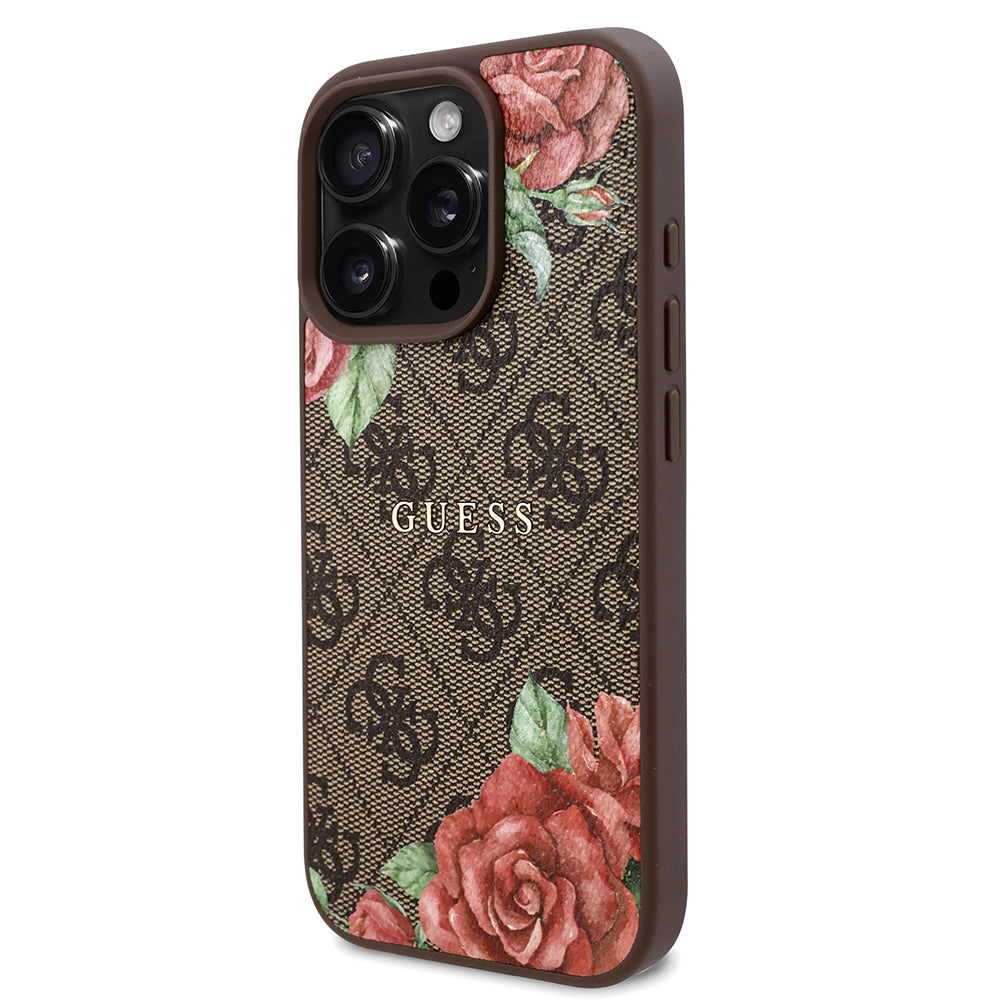 Guess Orijinal Lisanslı iPhone 16 Pro Max MagSafe Uyumlu Kılıf – Gül Baskılı, 4G Desenli, Yazı Logolu Kahverengi