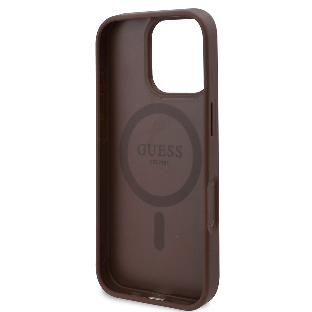 Guess Orijinal Lisanslı iPhone 16 Pro Max MagSafe Uyumlu Kılıf – Gül Baskılı, 4G Desenli, Yazı Logolu Kahverengi