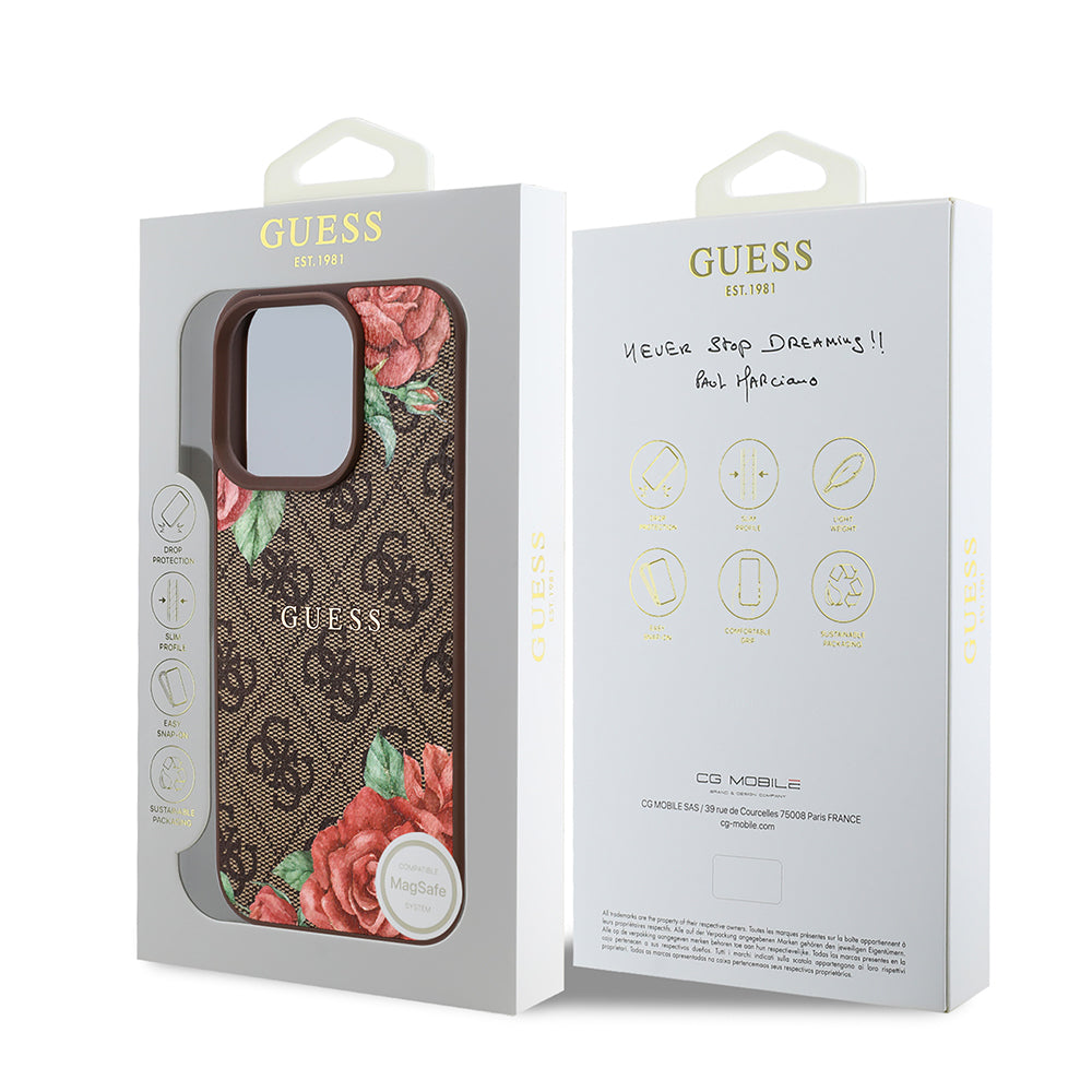 Guess Orijinal Lisanslı iPhone 16 Pro Max MagSafe Uyumlu Kılıf – Gül Baskılı, 4G Desenli, Yazı Logolu Kahverengi