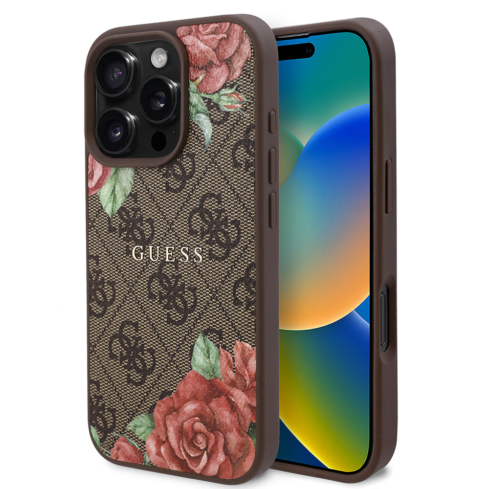 Guess Orijinal Lisanslı iPhone 16 Pro Max MagSafe Uyumlu Kılıf – Gül Baskılı, 4G Desenli, Yazı Logolu Kahverengi