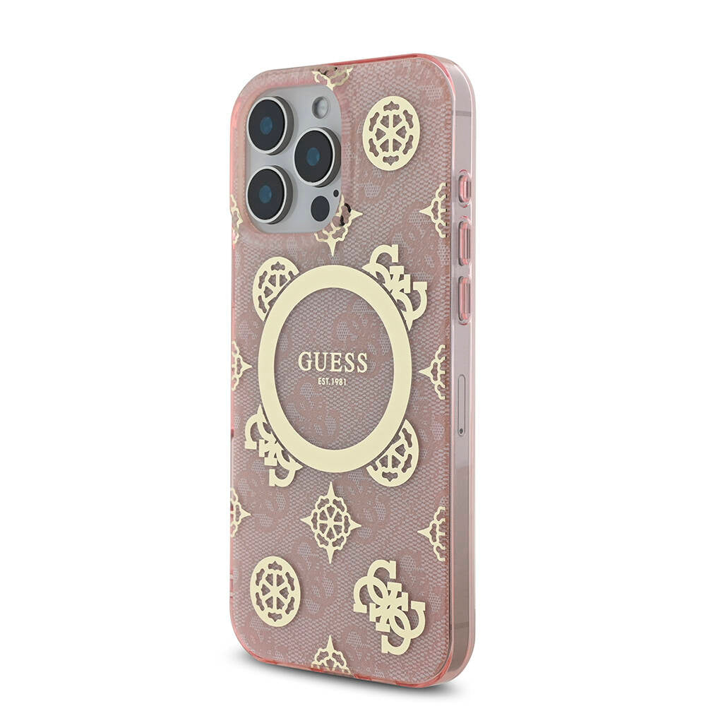 Guess Orijinal Lisanslı iPhone 16 Pro Max MagSafe Uyumlu Kılıf – IML Peony ve 4G Desenli, Klasik Logolu Pembe