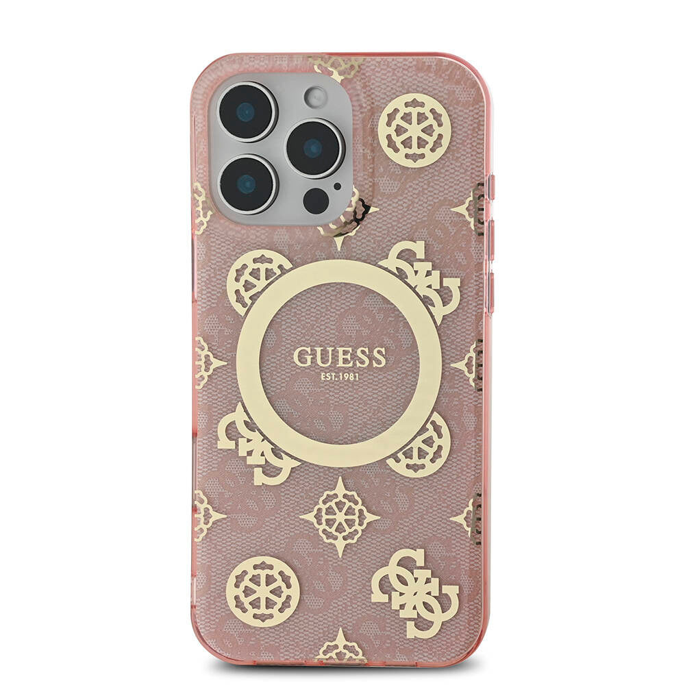 Guess Orijinal Lisanslı iPhone 16 Pro Max MagSafe Uyumlu Kılıf – IML Peony ve 4G Desenli, Klasik Logolu Pembe
