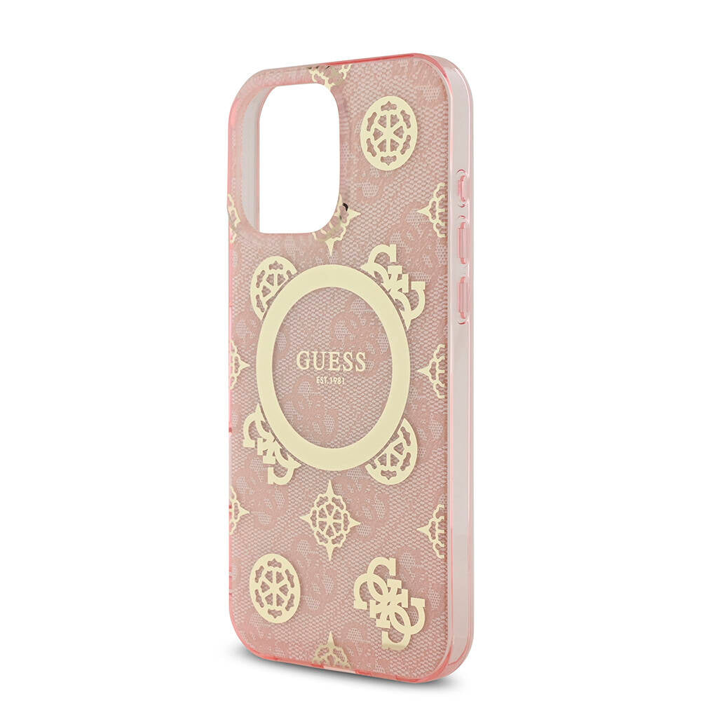 Guess Orijinal Lisanslı iPhone 16 Pro Max MagSafe Uyumlu Kılıf – IML Peony ve 4G Desenli, Klasik Logolu Pembe