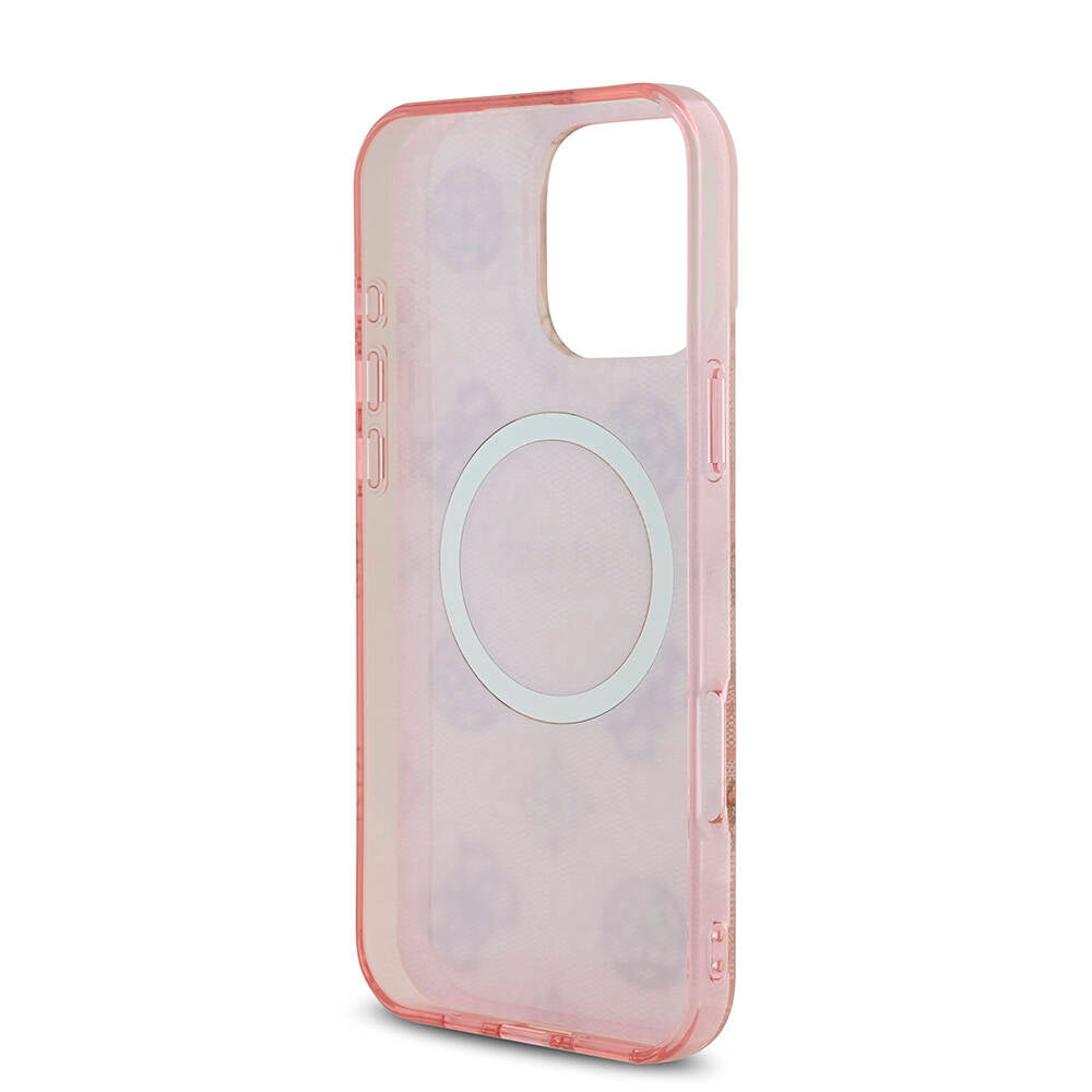 Guess Orijinal Lisanslı iPhone 16 Pro Max MagSafe Uyumlu Kılıf – IML Peony ve 4G Desenli, Klasik Logolu Pembe