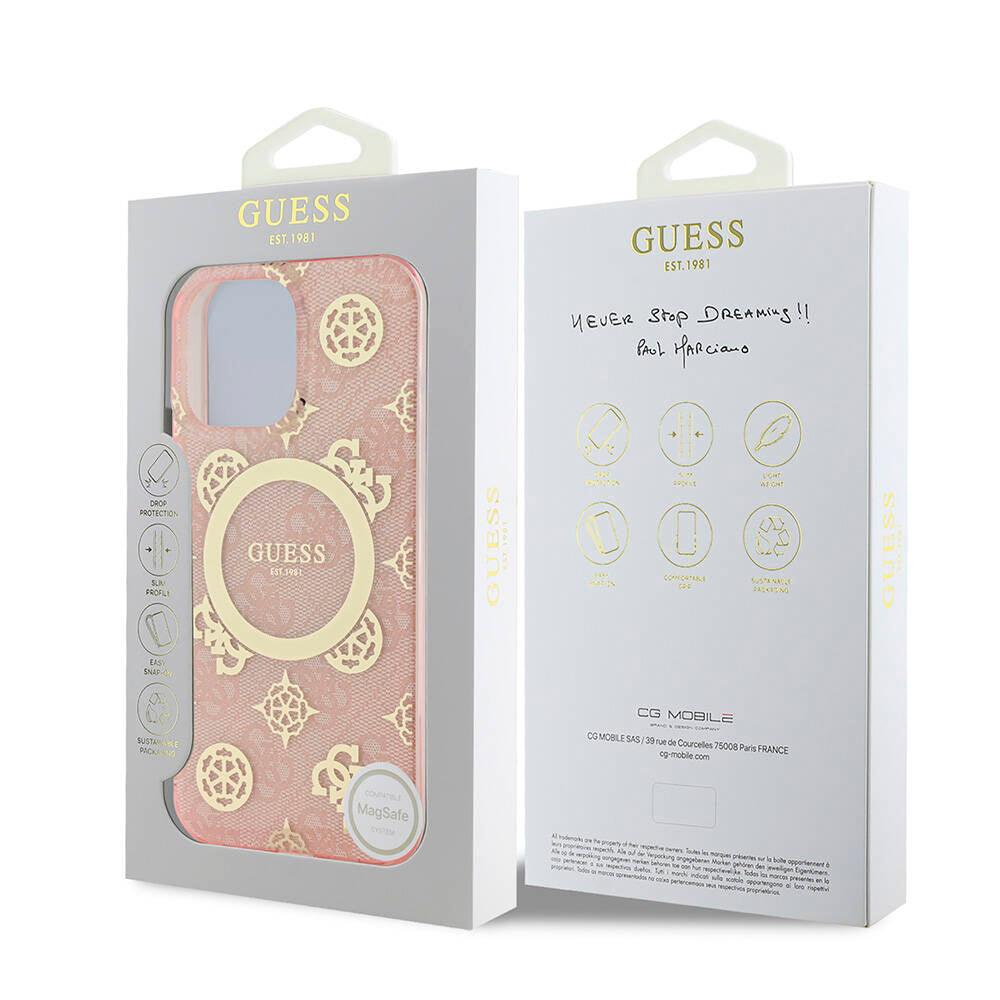 Guess Orijinal Lisanslı iPhone 16 Pro Max MagSafe Uyumlu Kılıf – IML Peony ve 4G Desenli, Klasik Logolu Pembe