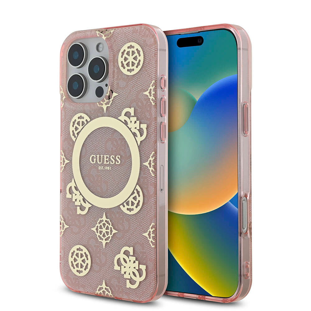 Guess Orijinal Lisanslı iPhone 16 Pro Max MagSafe Uyumlu Kılıf – IML Peony ve 4G Desenli, Klasik Logolu Pembe