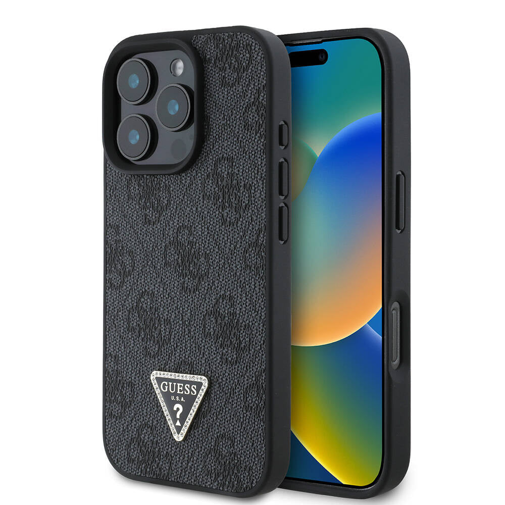 Guess Orijinal Lisanslı iPhone 16 Pro Max MagSafe Uyumlu Kılıf – PU Deri, 4G Desenli, Taşlı Üçgen Logolu Siyah