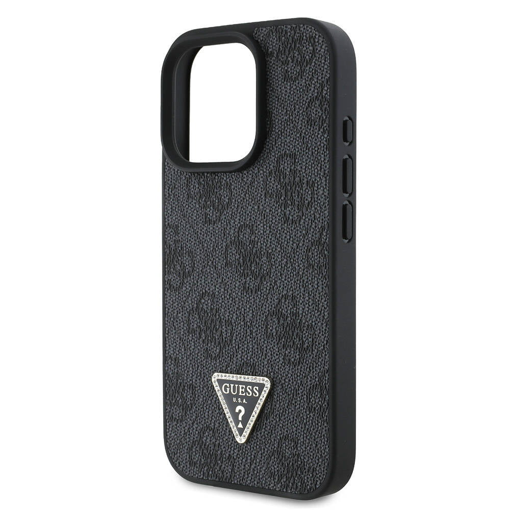 Guess Orijinal Lisanslı iPhone 16 Pro Max MagSafe Uyumlu Kılıf – PU Deri, 4G Desenli, Taşlı Üçgen Logolu Siyah