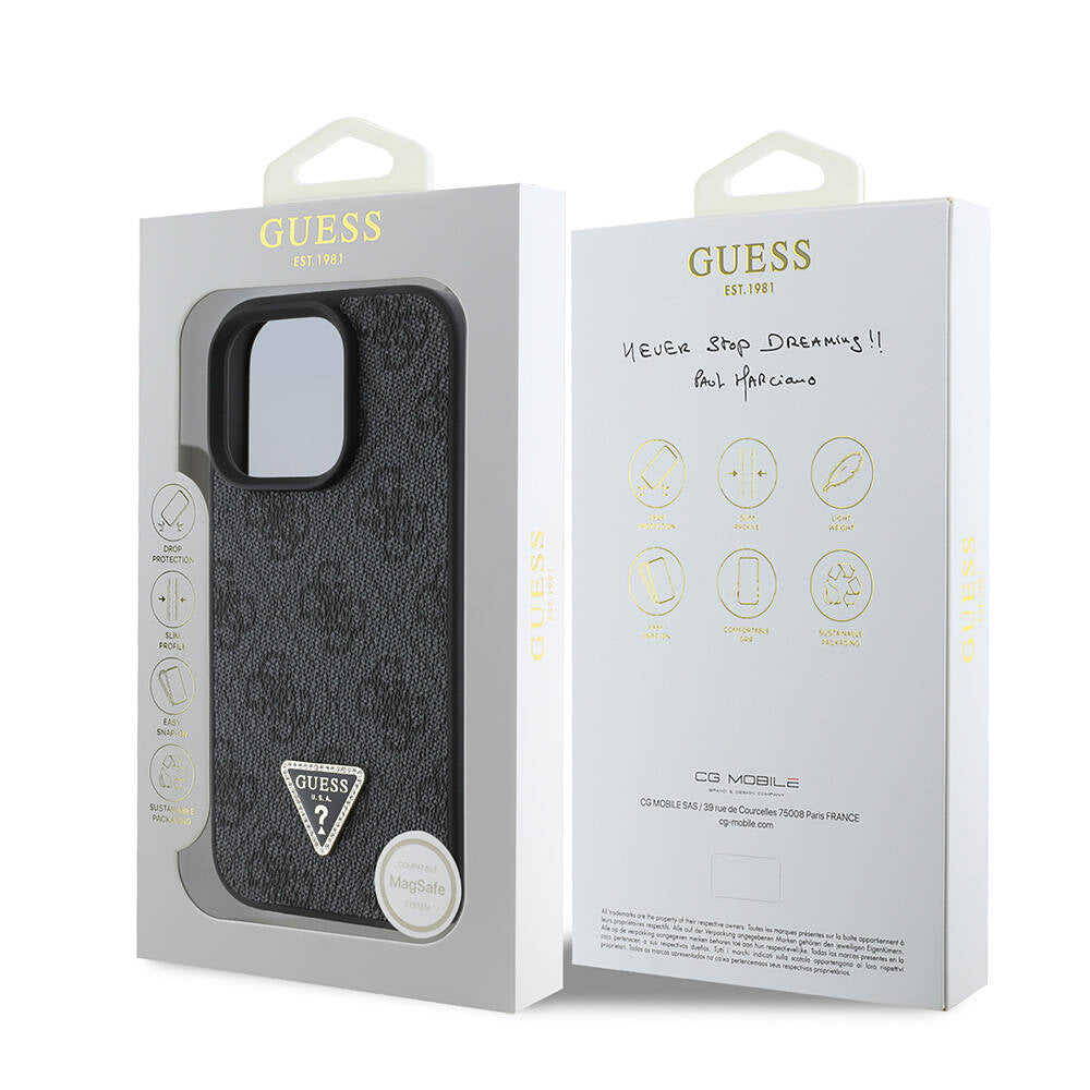 Guess Orijinal Lisanslı iPhone 16 Pro Max MagSafe Uyumlu Kılıf – PU Deri, 4G Desenli, Taşlı Üçgen Logolu Siyah