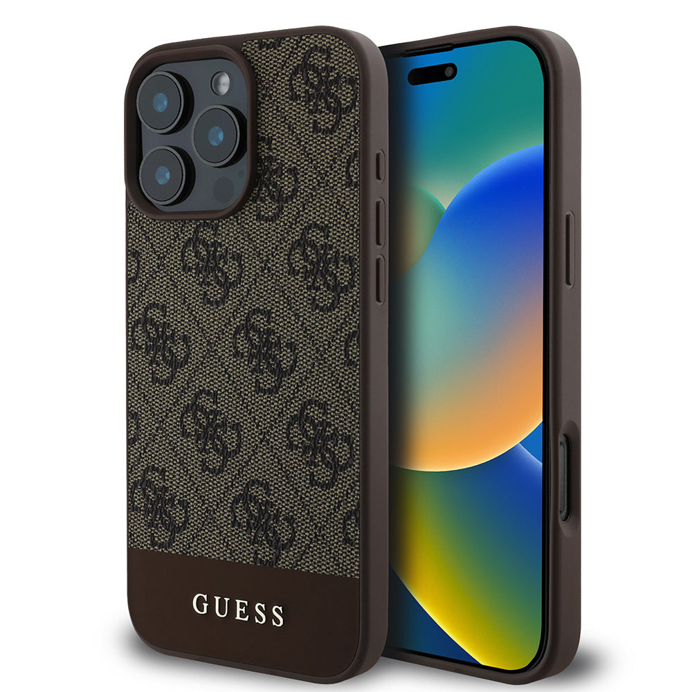 Guess Orijinal Lisanslı iPhone 16 Pro Max MagSafe Uyumlu Kılıf – PU Deri, Şerit Logolu Tasarım Kahverengi