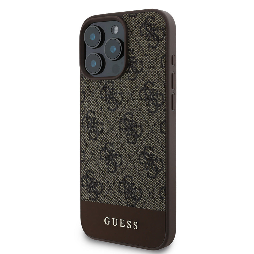 Guess Orijinal Lisanslı iPhone 16 Pro Max MagSafe Uyumlu Kılıf – PU Deri, Şerit Logolu Tasarım Kahverengi